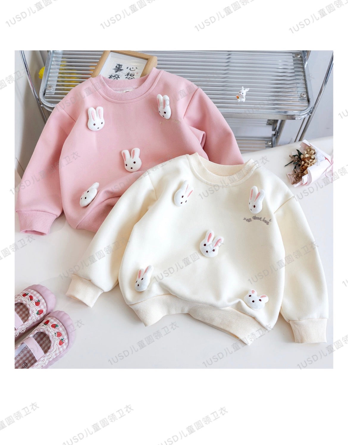 Girls bunny face embroidered ruffle sleeve sweatshirt in pink cream and camel brown