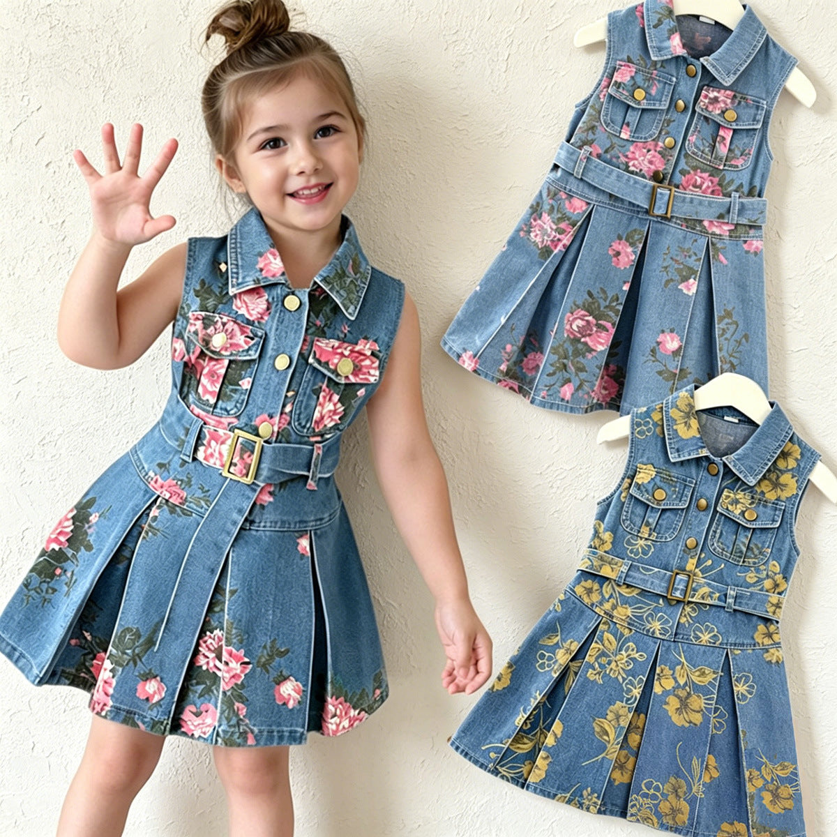 Girls' Sleeveless Denim Dress — Floral Print High-Waist Backless Style