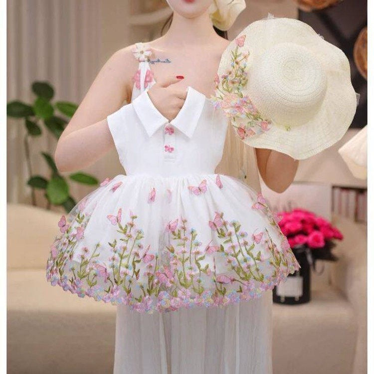Charming Embroidered Floral Tulle Puff Dress for Girls, Princess Style Formal Dress