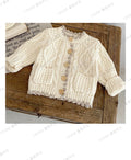 Girls pompom bobble knit cardigan in cream and rust brown