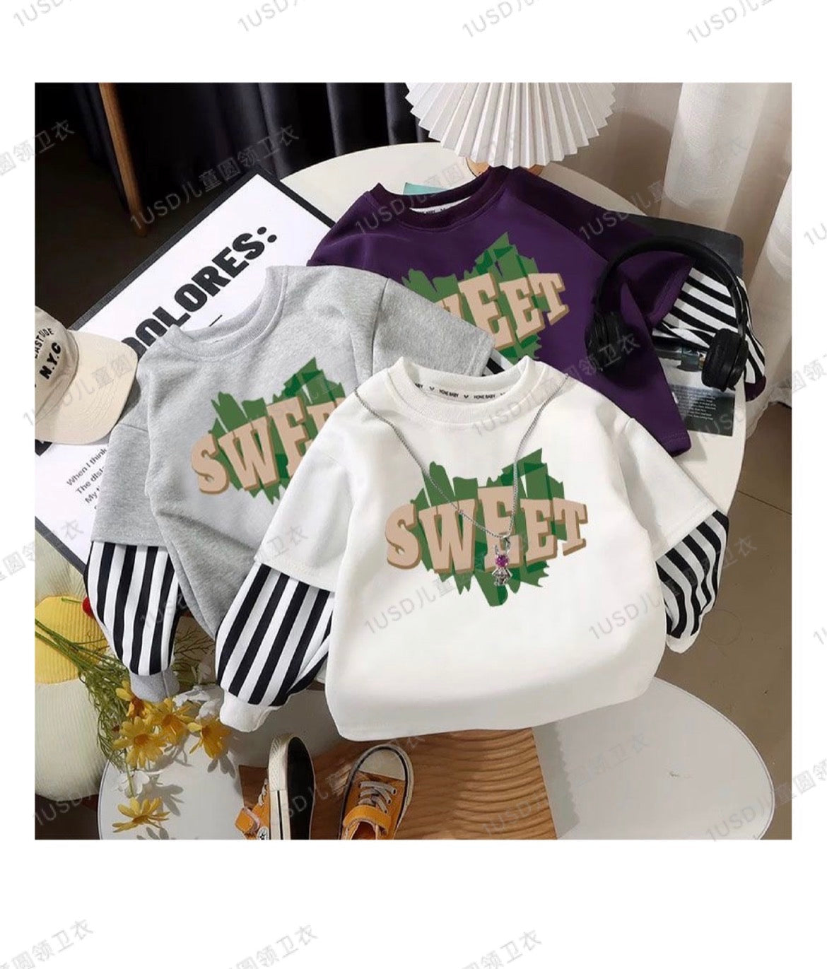 Kids Sweet graphic stripe sleeve sweatshirt in gray purple and white