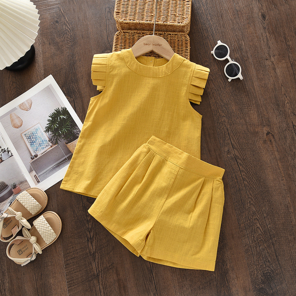 Girls' Flutter Sleeve Crop Top & Solid Color Shorts Two-Piece Set