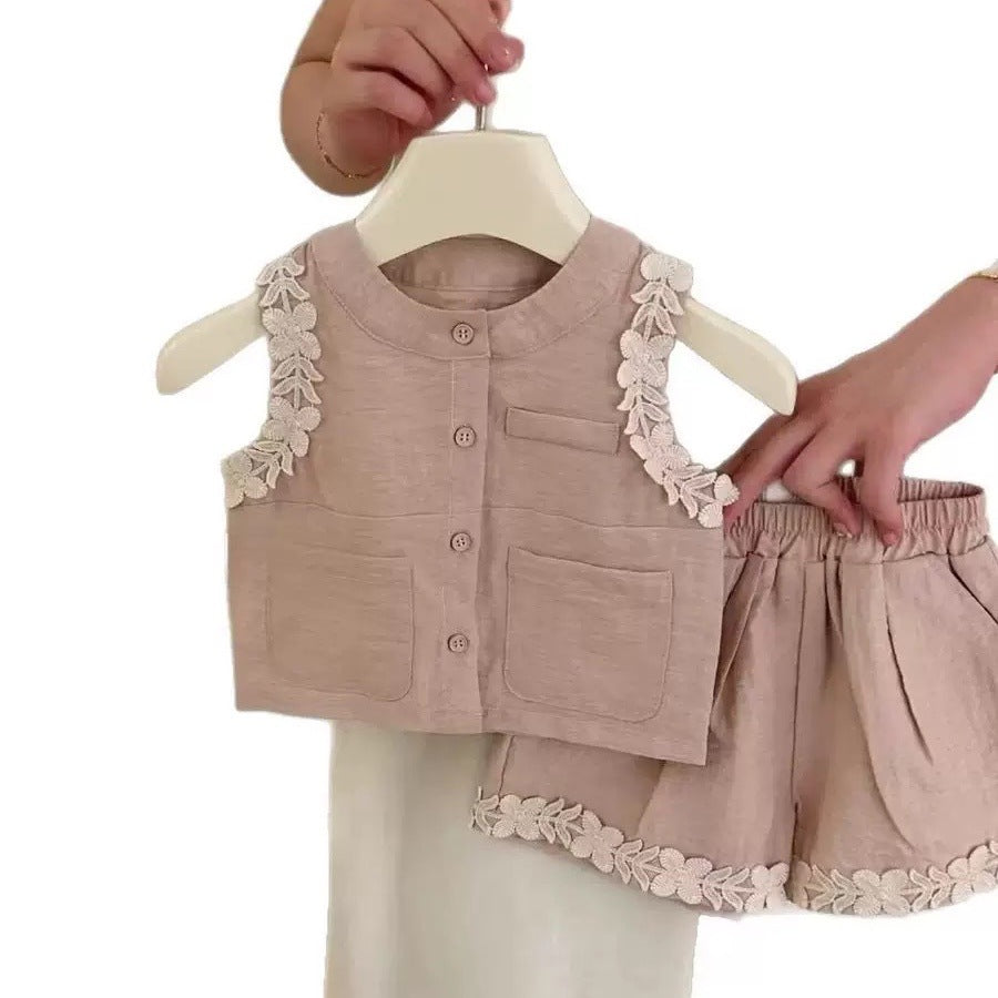 Cute Girl's Summer Outfit Set, Fashionable Ruffle Tank Top and Shorts Casual Two-Piece Set