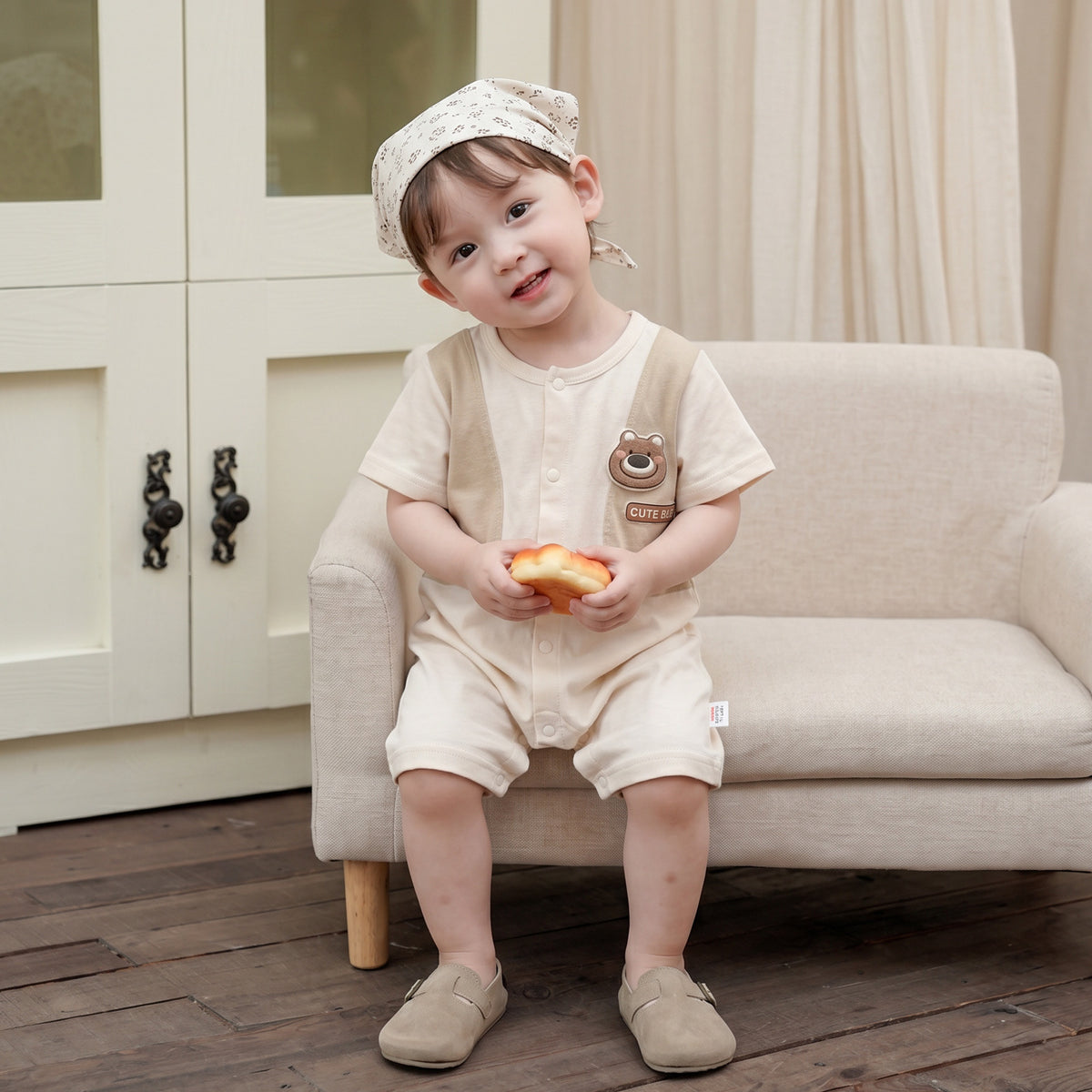 Baby Short Sleeve Romper Cartoon Bear Summer Breathable Lightweight Casual Boy Baby Onesie