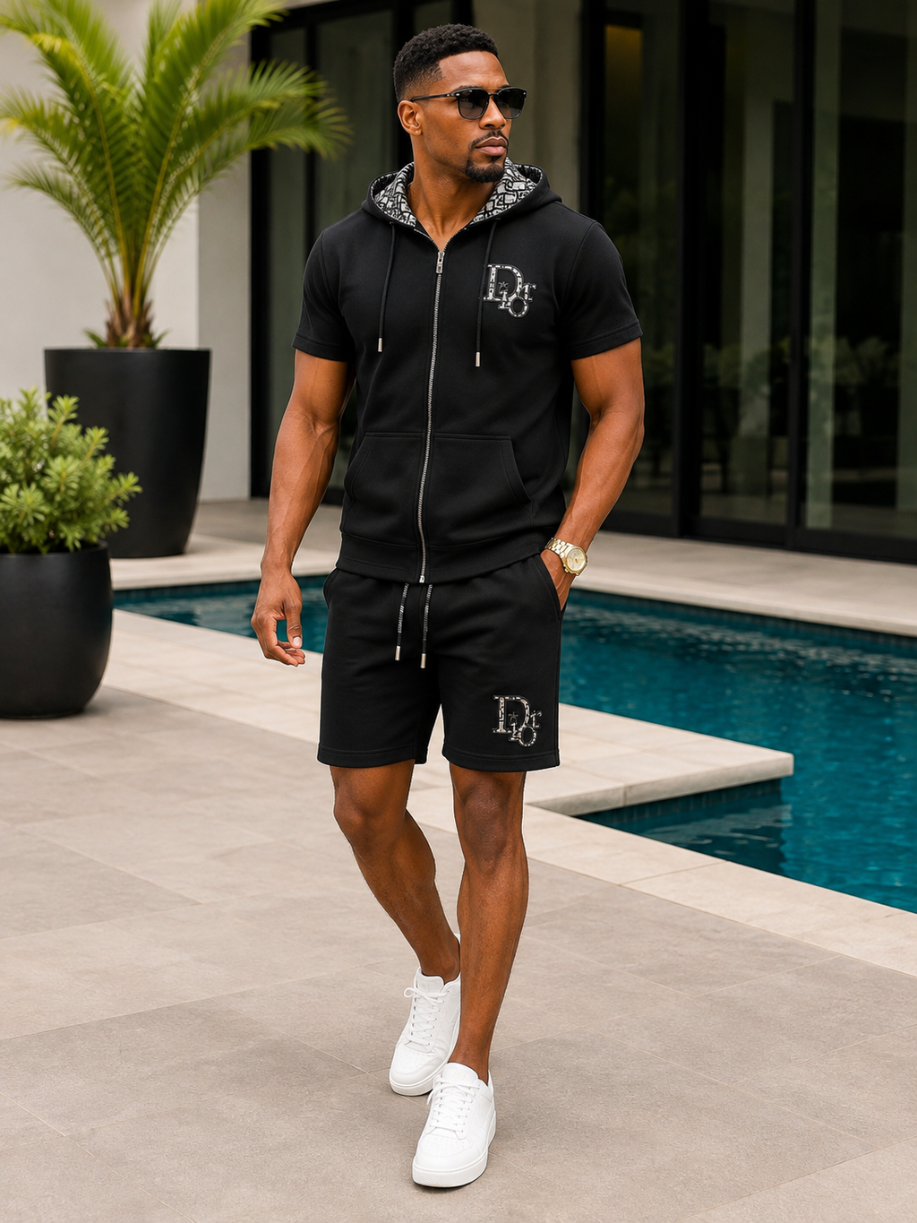 Wholesale Men’s Luxury-Inspired 2-Piece Hooded Zip-Up Shirt & Shorts Set – Pack of 24 Mixed Colors & Mixed Sizes – $12 Each