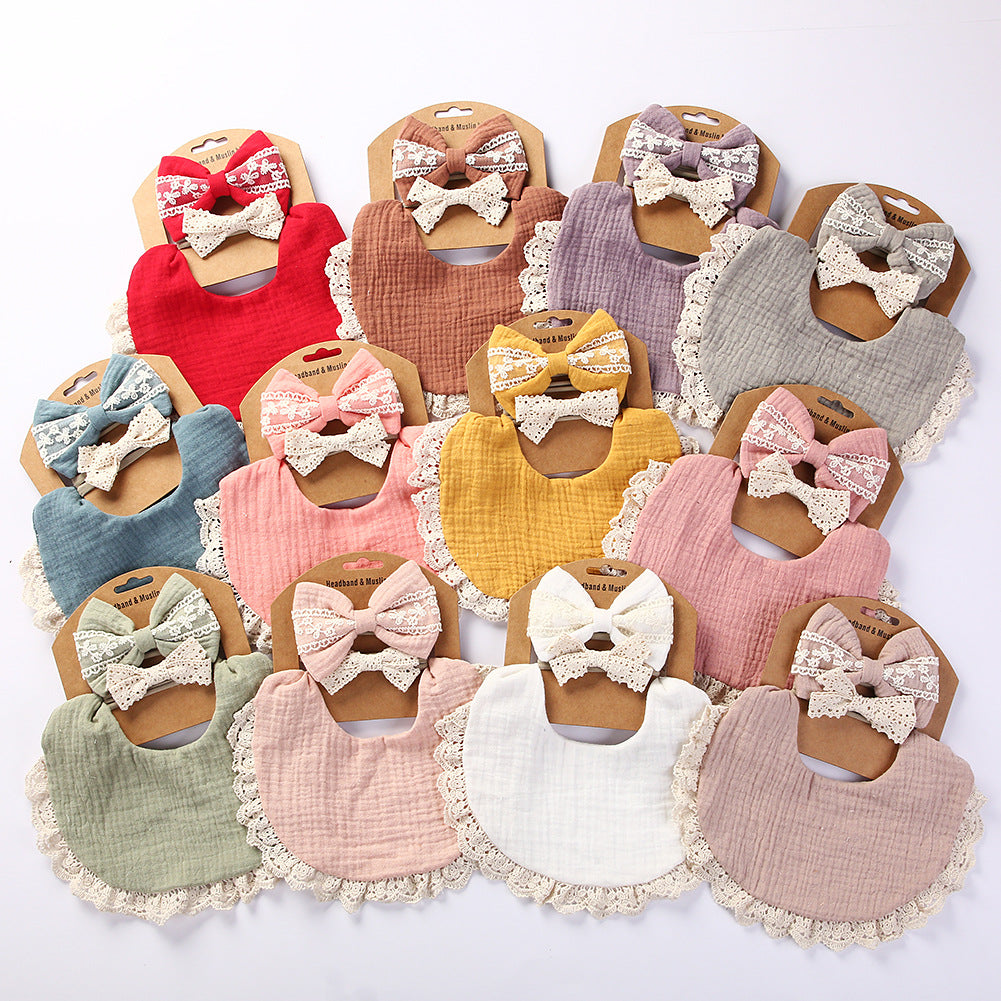Baby Girl Bib & Headband Set - Pom Pom Trim Styles 1-13