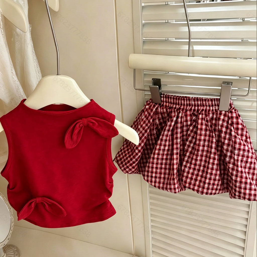 Girls' Sleeveless Bow Vest & Plaid Bubble Skirt Set — Korean Style Kids Outfit