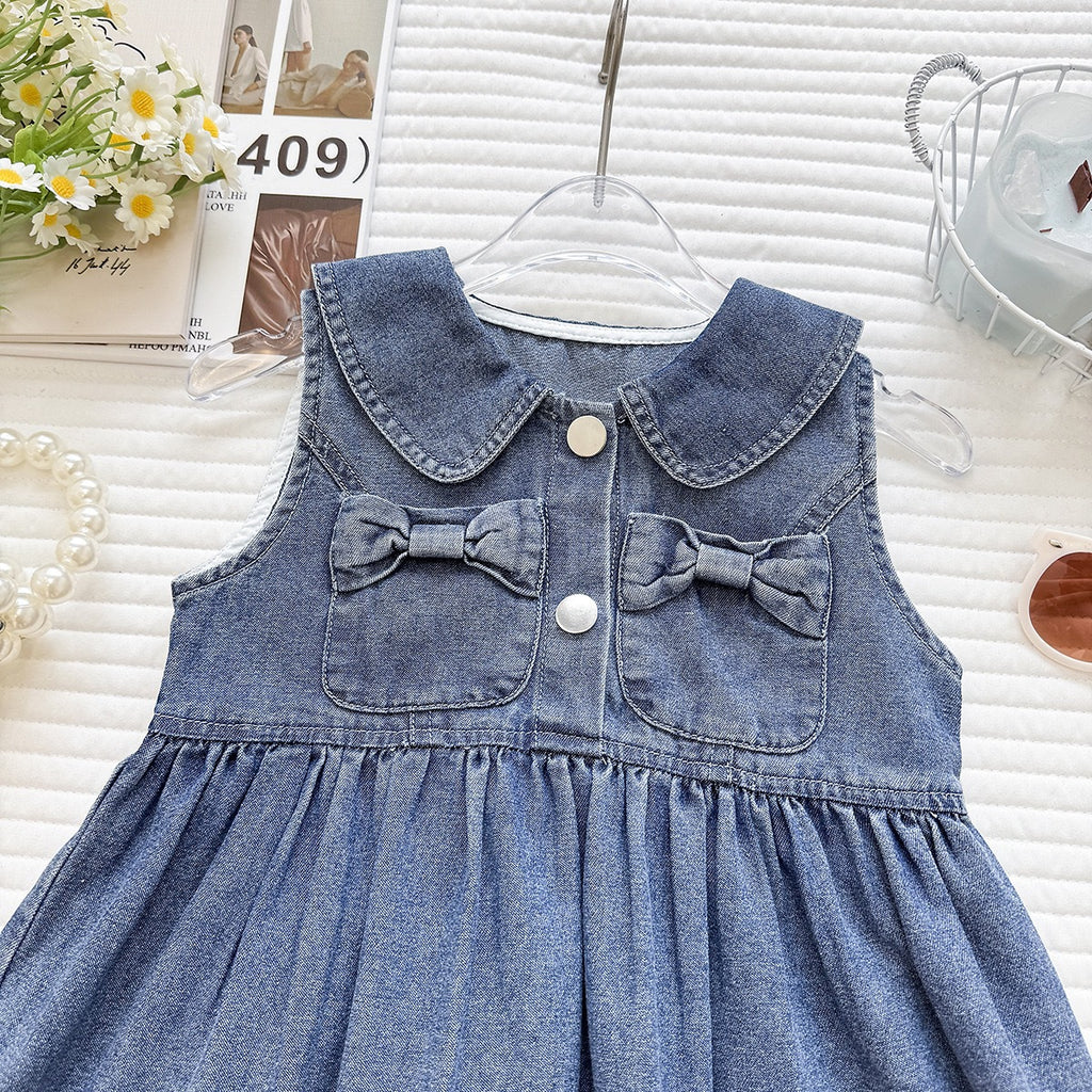 Charming Girls' Denim Dress with Butterfly Knot and Lace Splicing Sleeveless Dress for Summer Fashion Kids Clothing