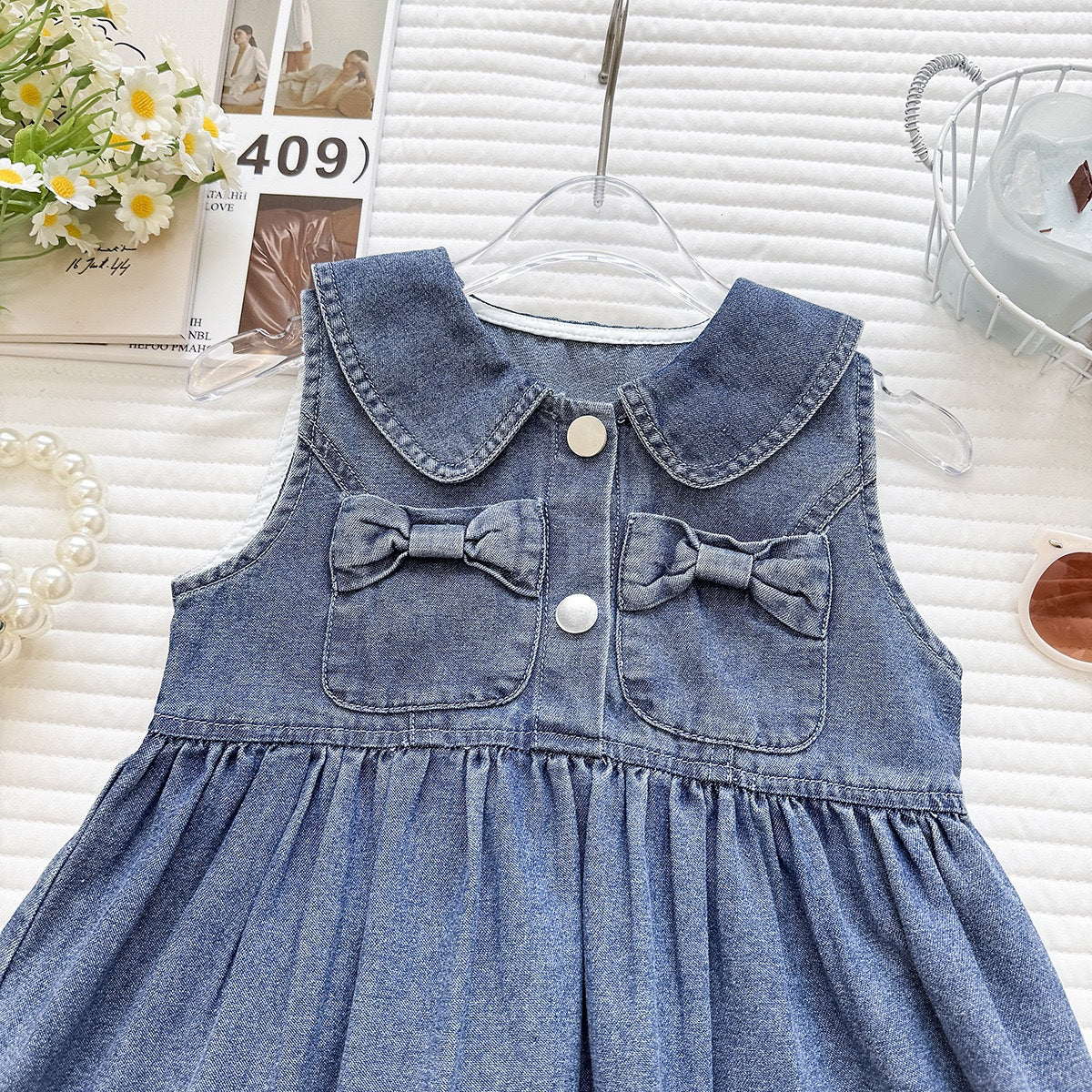 Charming Girls' Denim Dress with Butterfly Knot and Lace Splicing Sleeveless Dress for Summer Fashion Kids Clothing