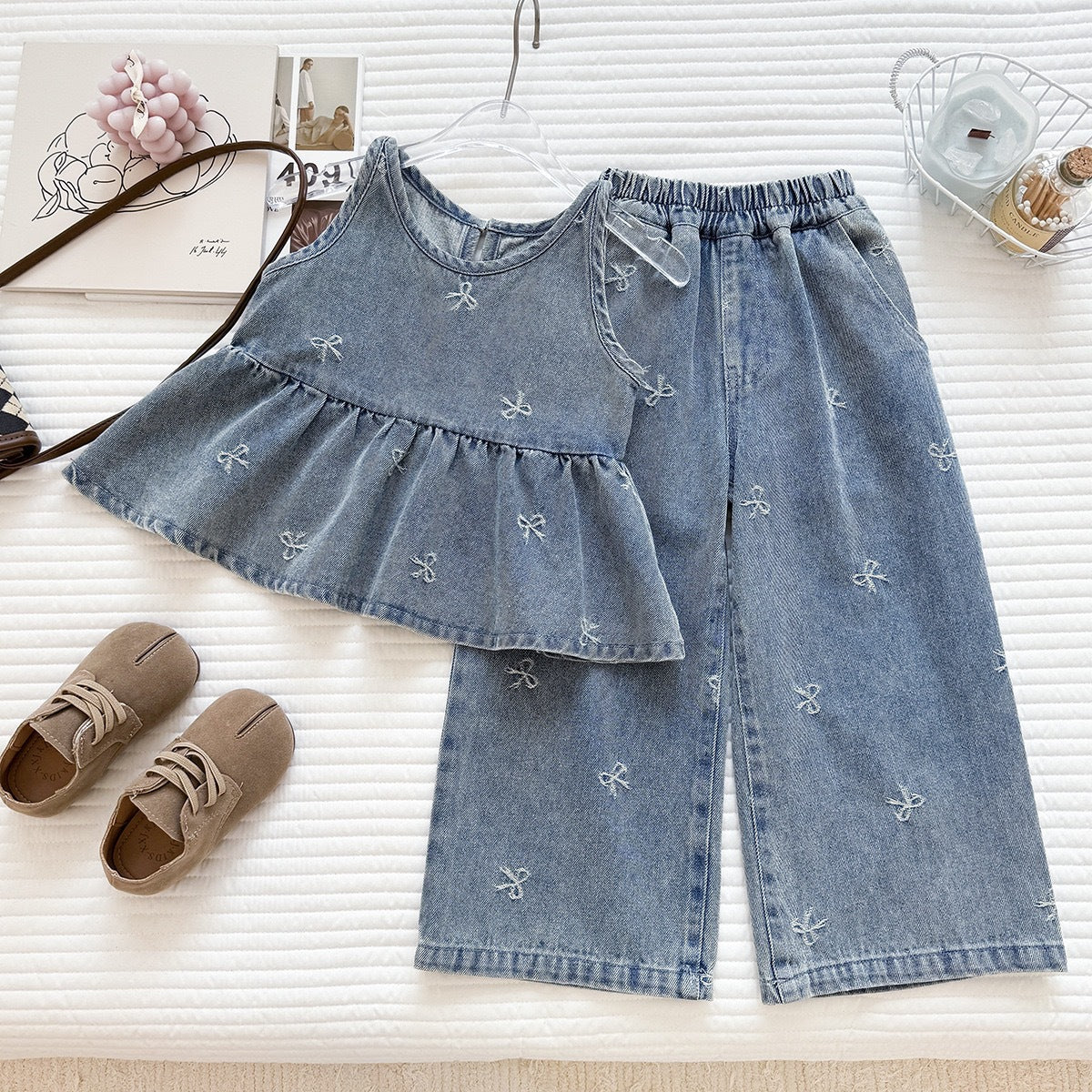 Cute Girl's Denim Set Summer  New Embroidered Bow Denim Vest Wide Leg Pants Two-Piece Trendy Style
