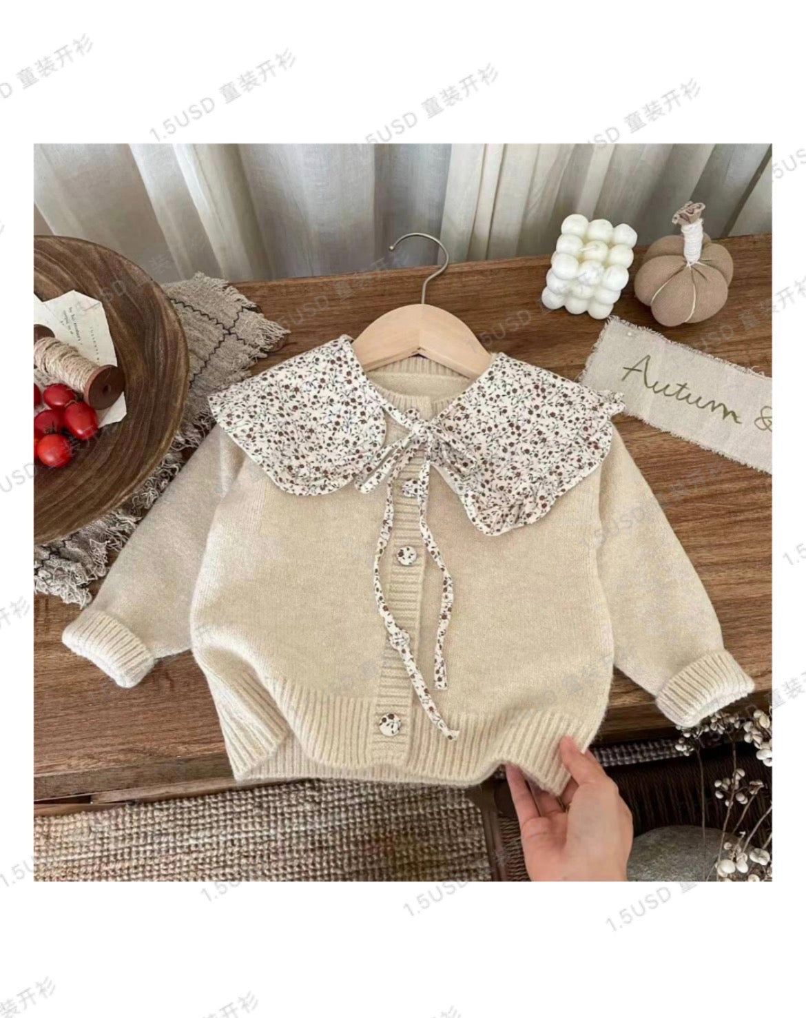 Girls beige knit cardigan with floral print collar and ribbon tie