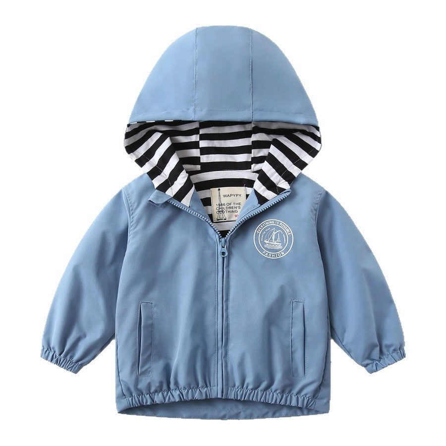 Kids Korean Style Letter Print Hooded Jacket — V-Neck Zip-Up Outerwear (Sizes 90-130cm)
