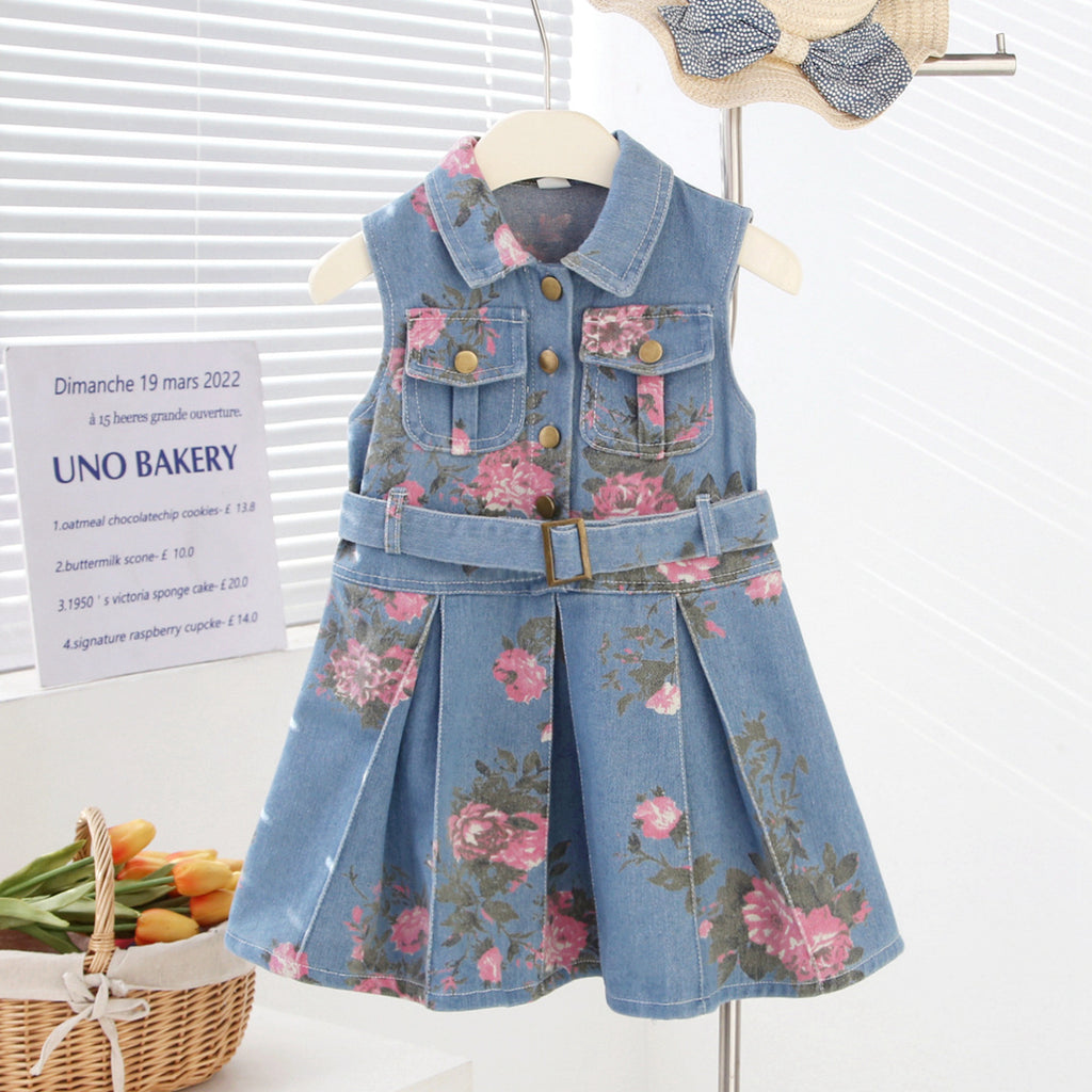 Girls' Sleeveless Denim Dress — Floral Print High-Waist Backless Style