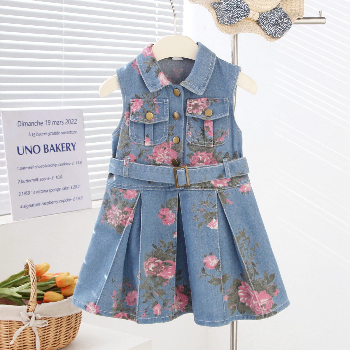 Girls' Sleeveless Denim Dress — Floral Print High-Waist Backless Style