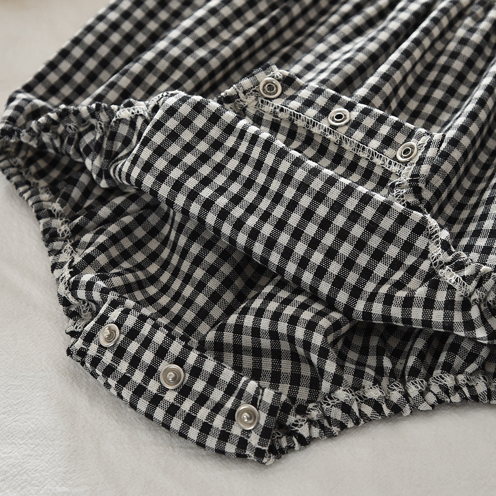 Baby Girl Solid Color Top & Checkered Romper Casual Two-Piece Set