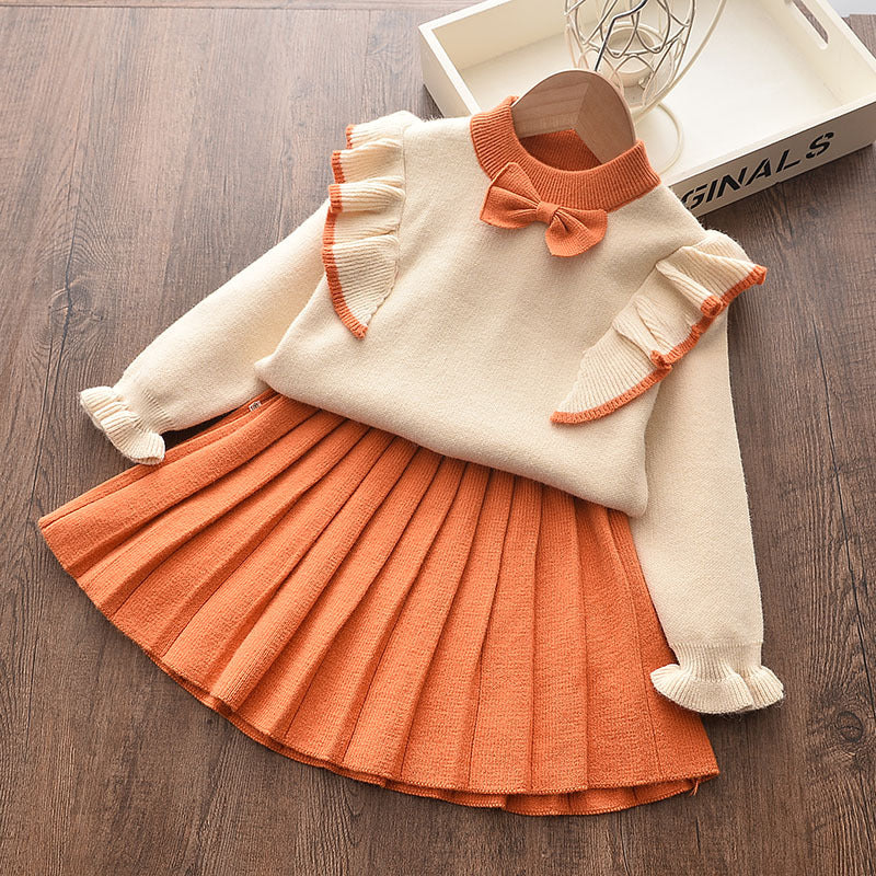 Girls' Charming Knitted Sweater & Pleated Skirt Princess Two-Piece Set