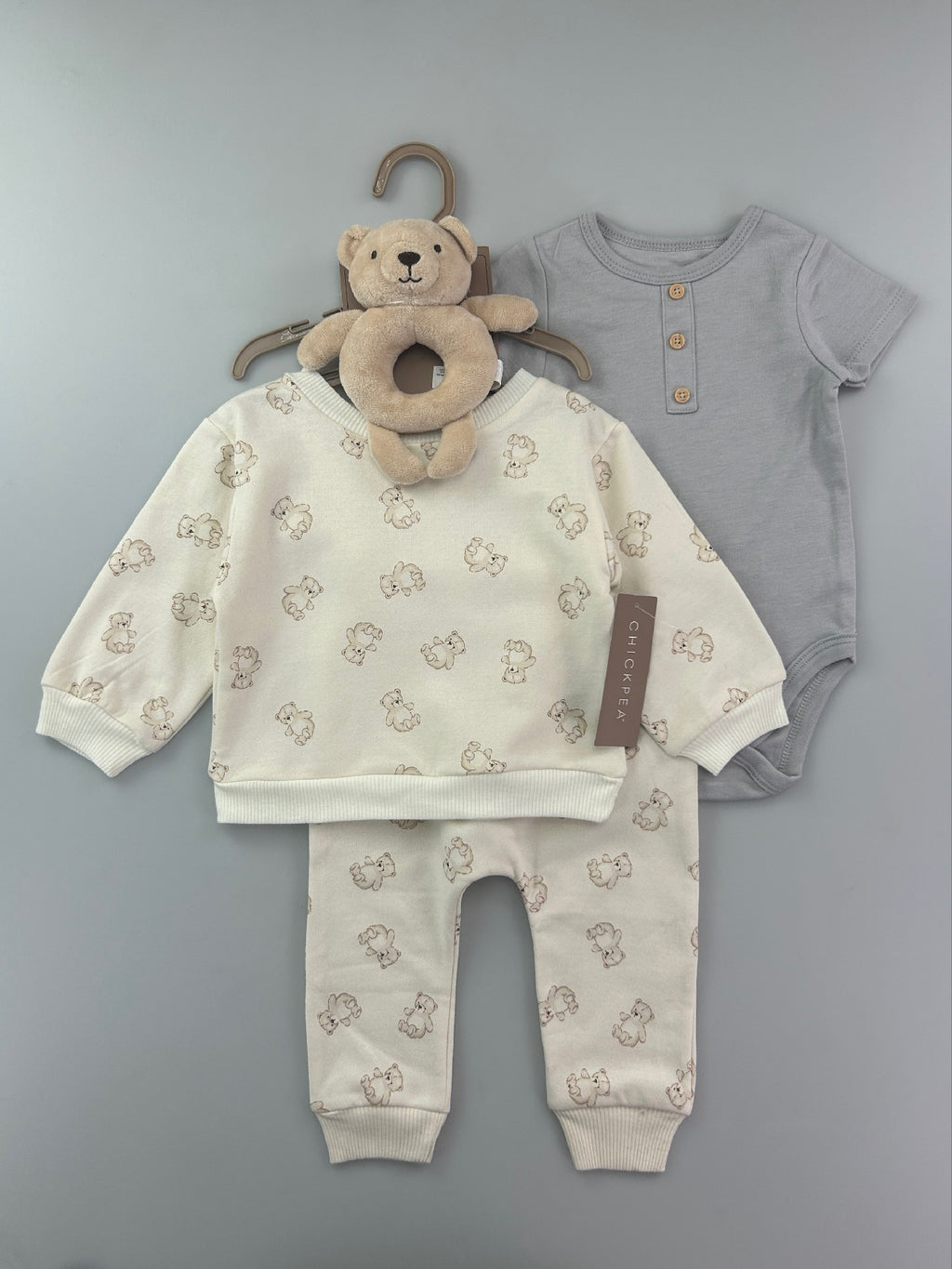 3-Piece Baby Bodysuit, Sweatshirt & Jogger Pants Outfit Set – Neutral Bear Print Unit Price &9.50| MOQ :12 each style