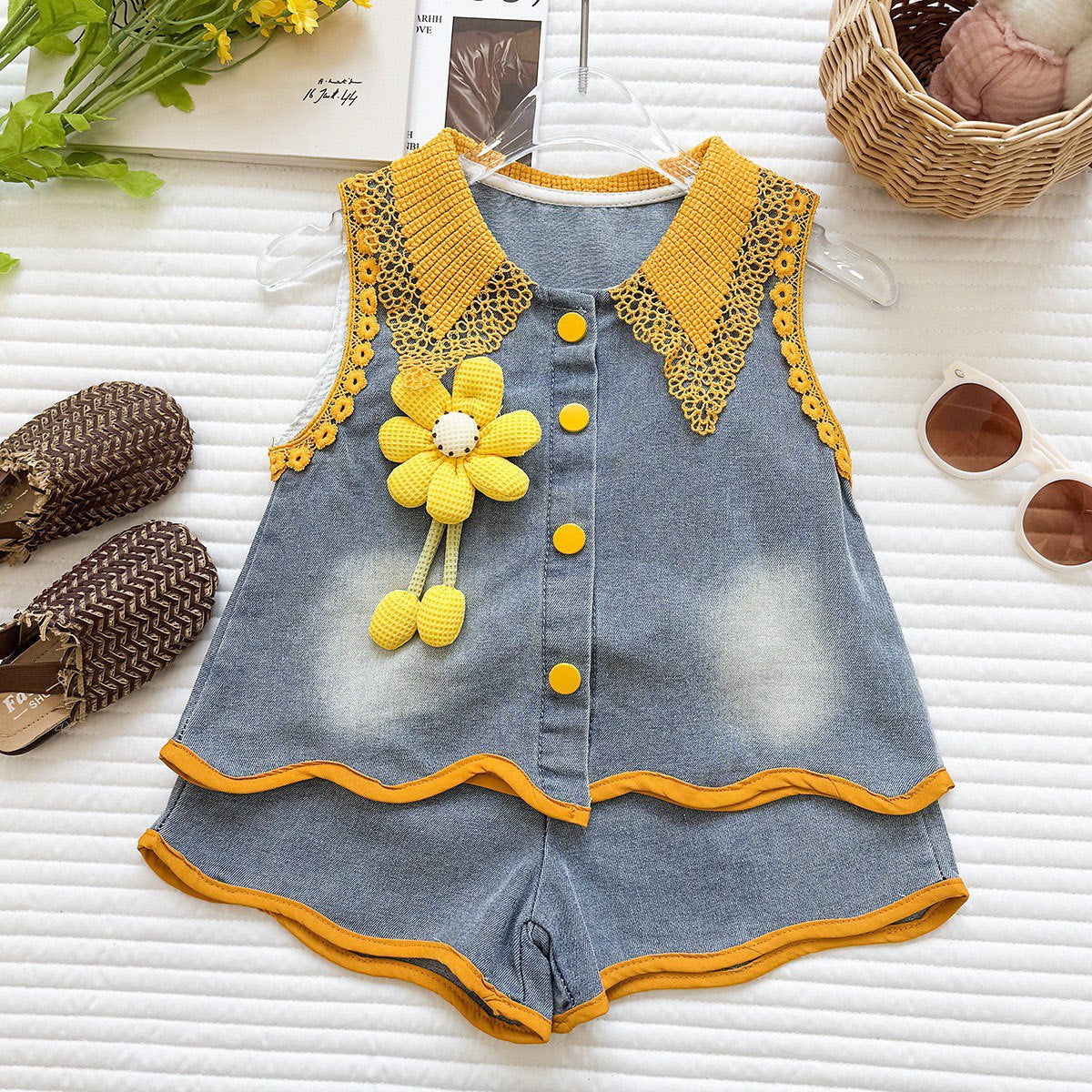 Two-Piece Set for Girls: Denim Flower Vest Top with Color-Blocked Ruffle Shorts, Fashionable Summer Outfit
