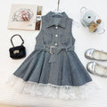 Summer Girls' Denim Dress Fitted Waist, Sleeveless, Lace Trim, Backless Dress