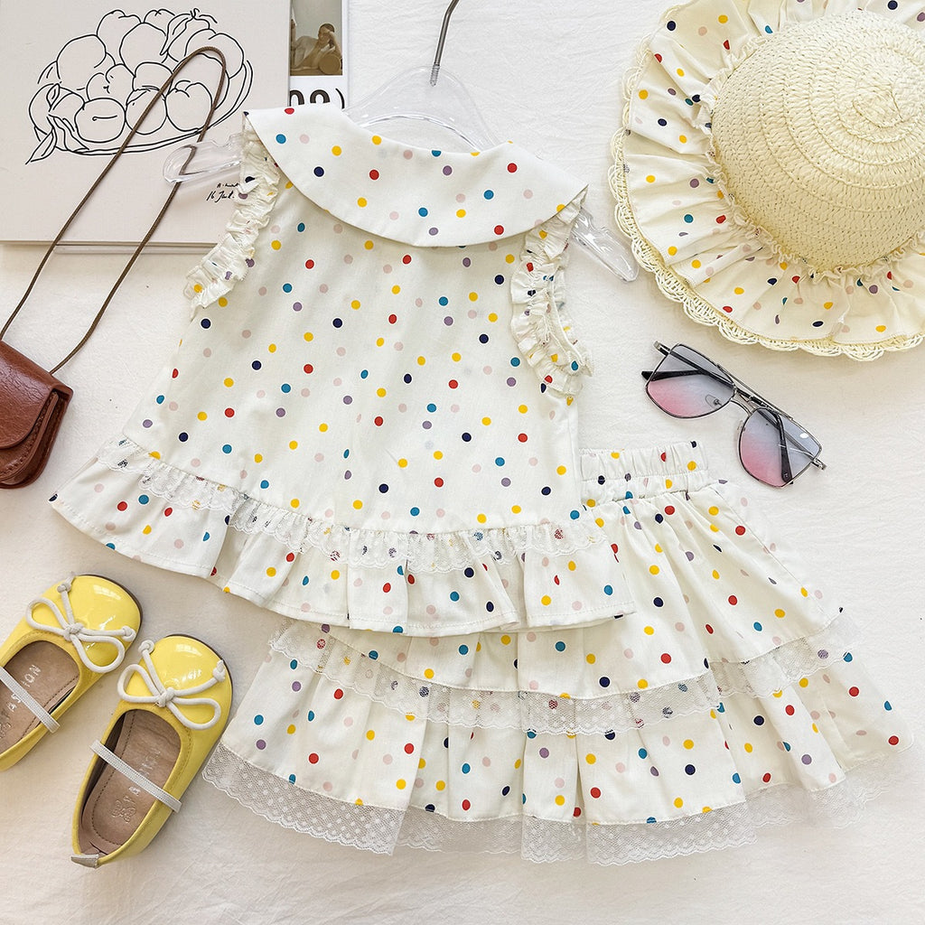 Cute Polka Dot Outfit for Girls, Baby Doll Collar Sleeveless Top with Layered Skirt Two-Piece Set, Fashionable Casual Wear