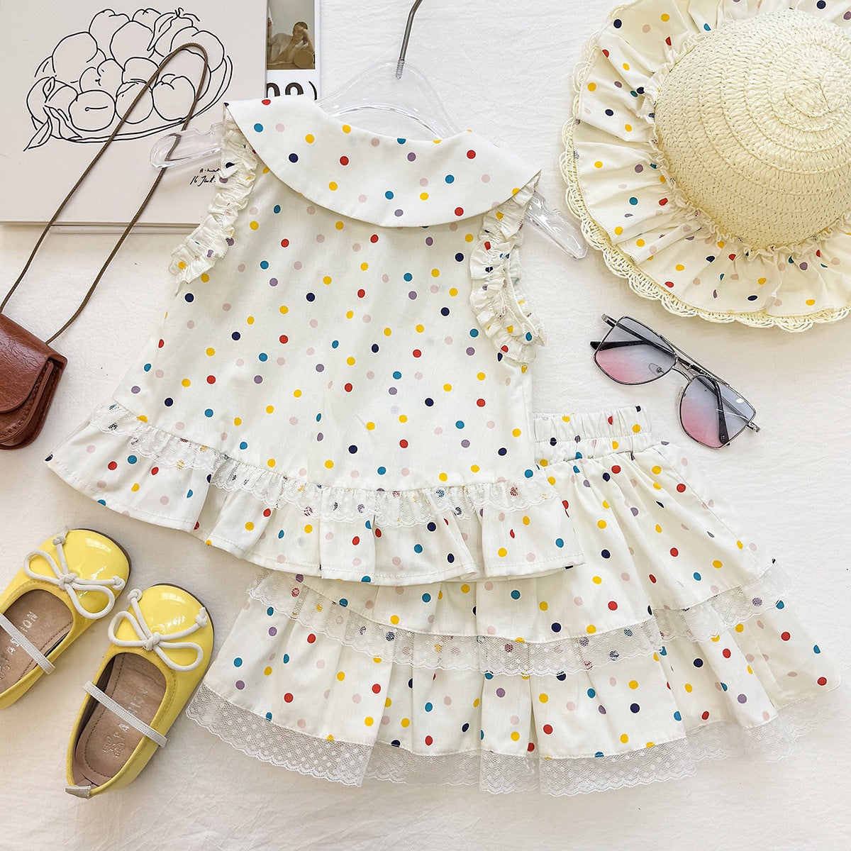 Cute Polka Dot Outfit for Girls, Baby Doll Collar Sleeveless Top with Layered Skirt Two-Piece Set, Fashionable Casual Wear