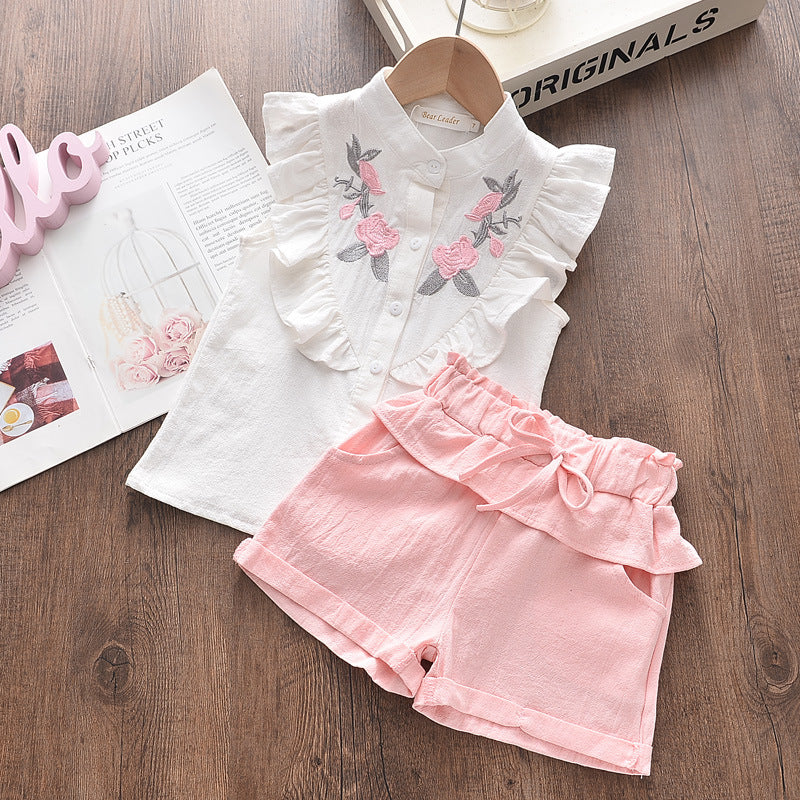 Girls' Floral Embroidered Sleeveless Shirt & Shorts Casual Two-Piece Set