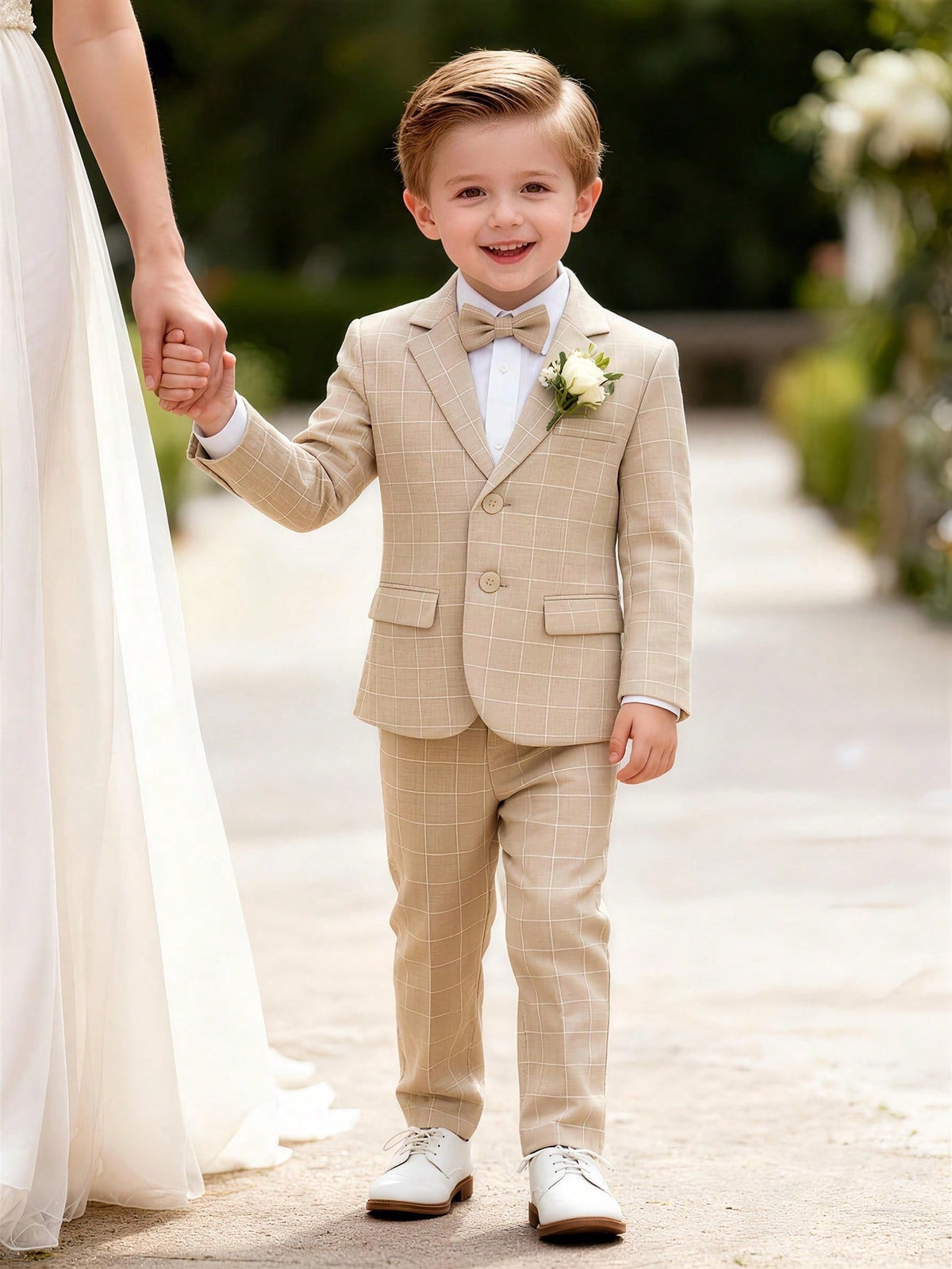 Boys Beige Plaid Ring Bearer Suit Set | Pack of 12 | Unit Price $11 | Mix-GC-125