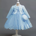 Wholesale Girls Luxury Princess Dress Set with Elegant Lace Jacket & Matching Purse – MOQ 50 Mixed Colors – 10 Pieces Per Color – $12 Each