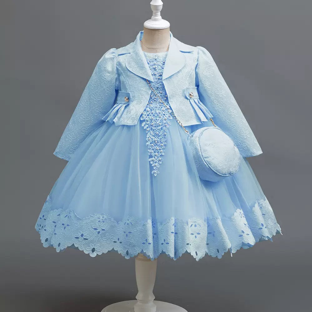 Wholesale Girls Luxury Princess Dress Set with Elegant Lace Jacket & Matching Purse – MOQ 50 Mixed Colors – 10 Pieces Per Color – $12 Each
