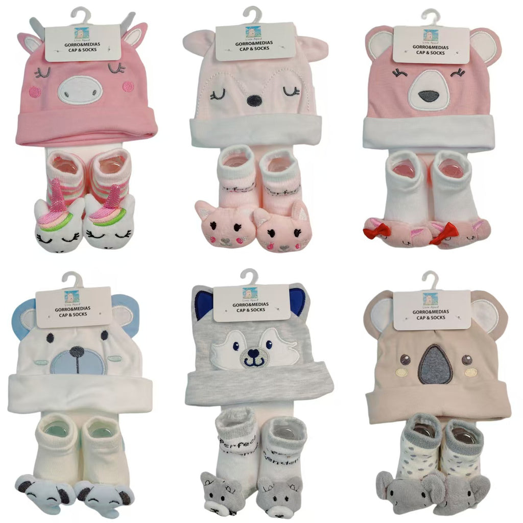 Baby Bib & Matching Socks 2-Piece Gift Set – Assorted Animal Designs | $6.50 Per Pack | MOQ 24 Packs