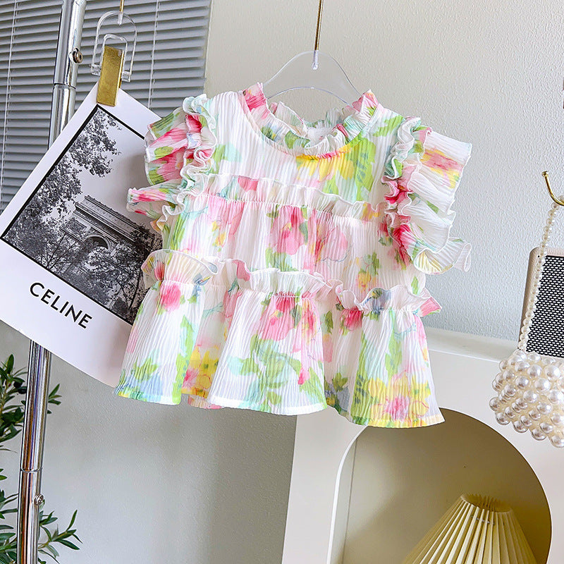 Girls' Korean Style Floral Sleeveless Top & Long Pants Set — Apricot