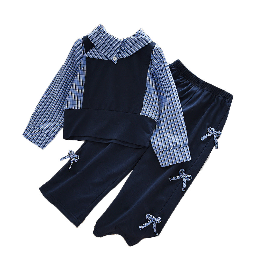 Girls' Sporty Two-Piece Set with Long Sleeve Mock Two-Piece Top and Bow Pants