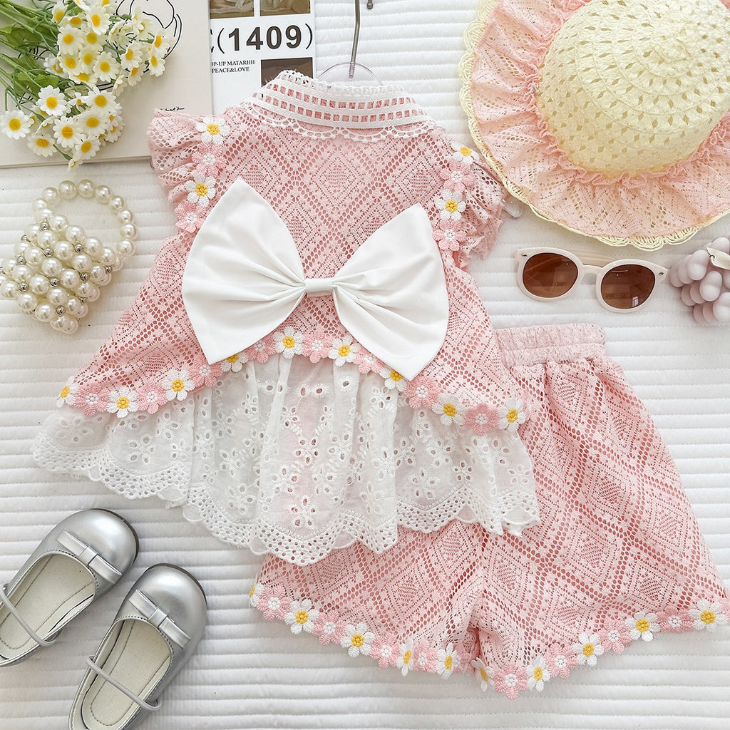 Fashionable Lace Flower Flutter Sleeve  Ruffle Shorts Princess Two-Piece Set for Girls Summer Outfit