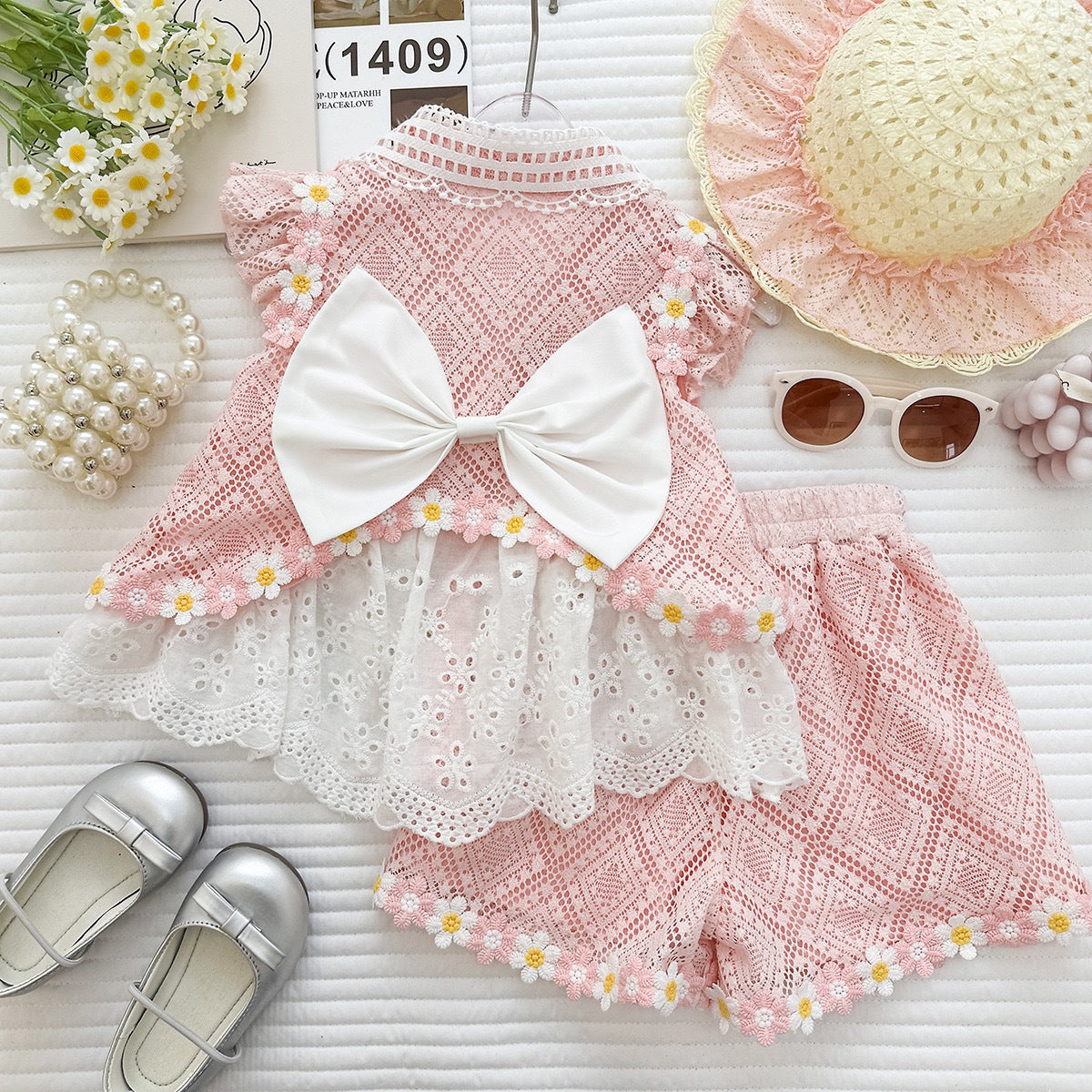 Fashionable Lace Flower Flutter Sleeve  Ruffle Shorts Princess Two-Piece Set for Girls Summer Outfit