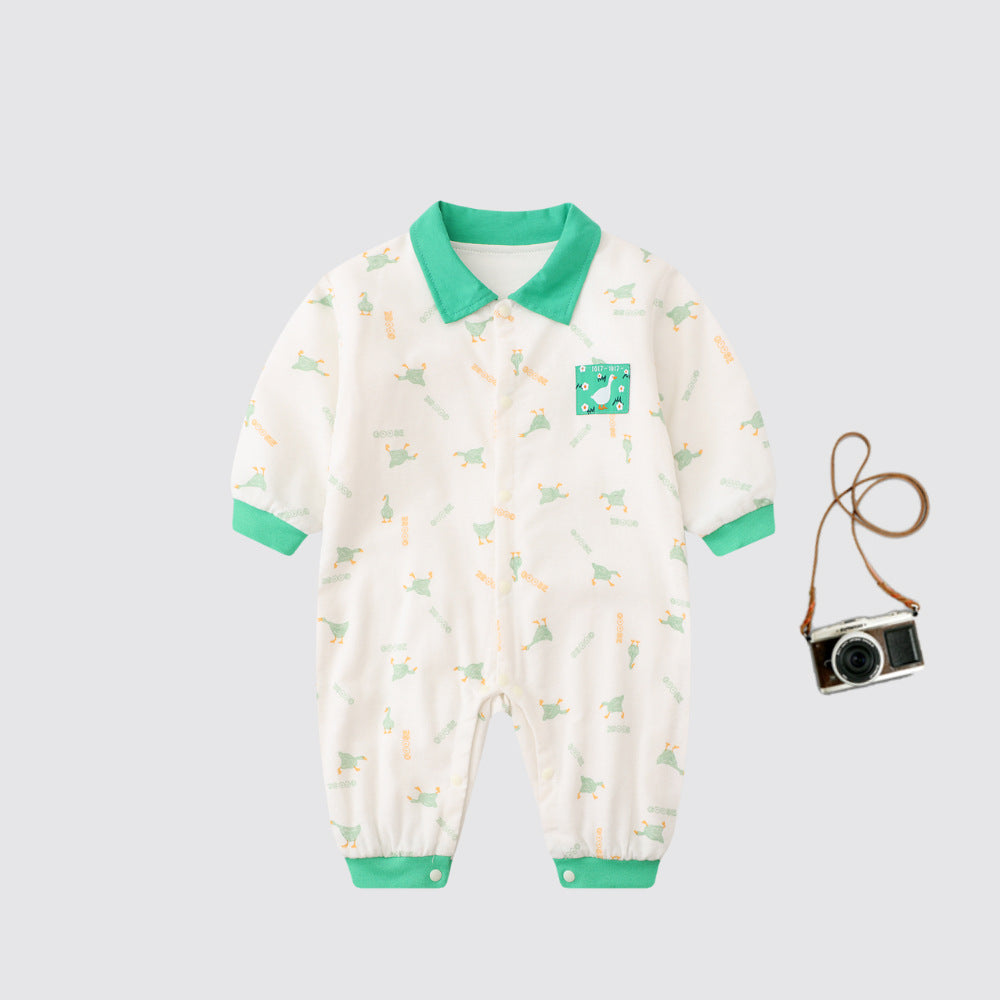 Spring and Autumn  Thin Cotton Baby Onesie, Cartoon Cute Goose Long Sleeve Baby Turn-down Collar Casual Baby Romper