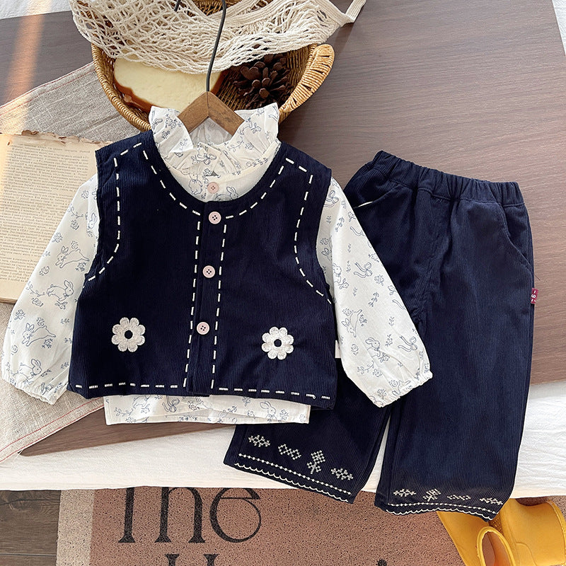 Baby girl autumn baby girl corduroy vest long sleeved three piece set