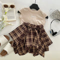 Girls Summer Short Sleeve Embroidered T-Shirt Set, Lightweight Plaid Bow Irregular Skirt Two-Piece Outfit