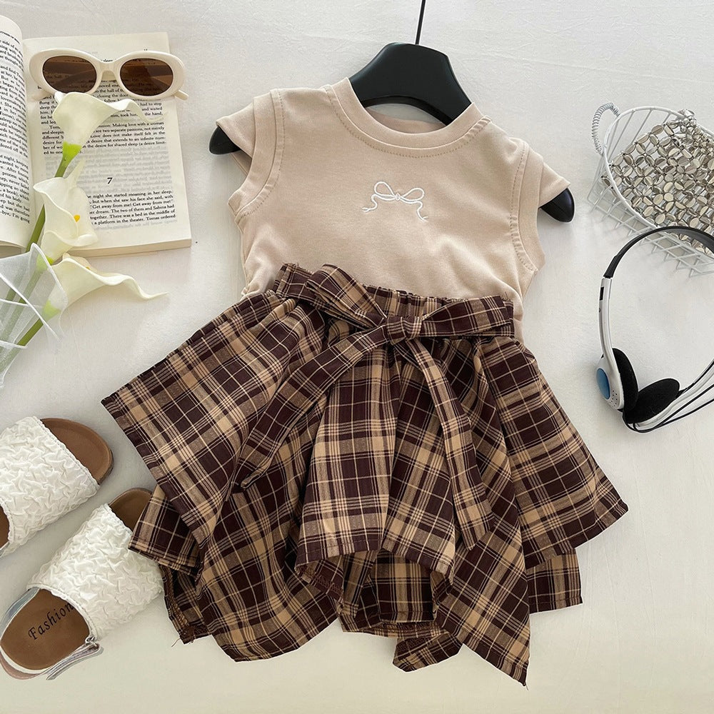 Girls Summer Short Sleeve Embroidered T-Shirt Set, Lightweight Plaid Bow Irregular Skirt Two-Piece Outfit