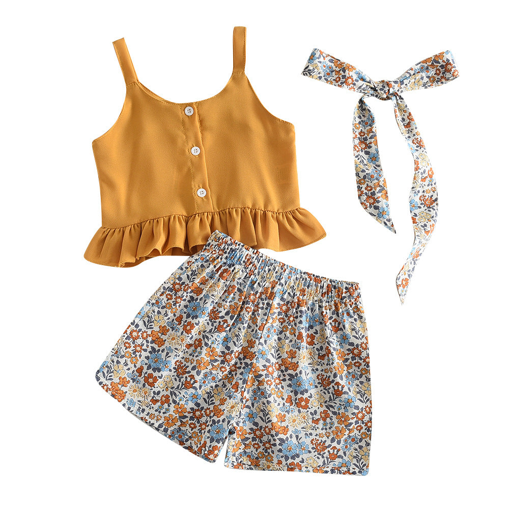Girls' Yellow Strap Top & Floral Shorts Two-Piece Summer Set