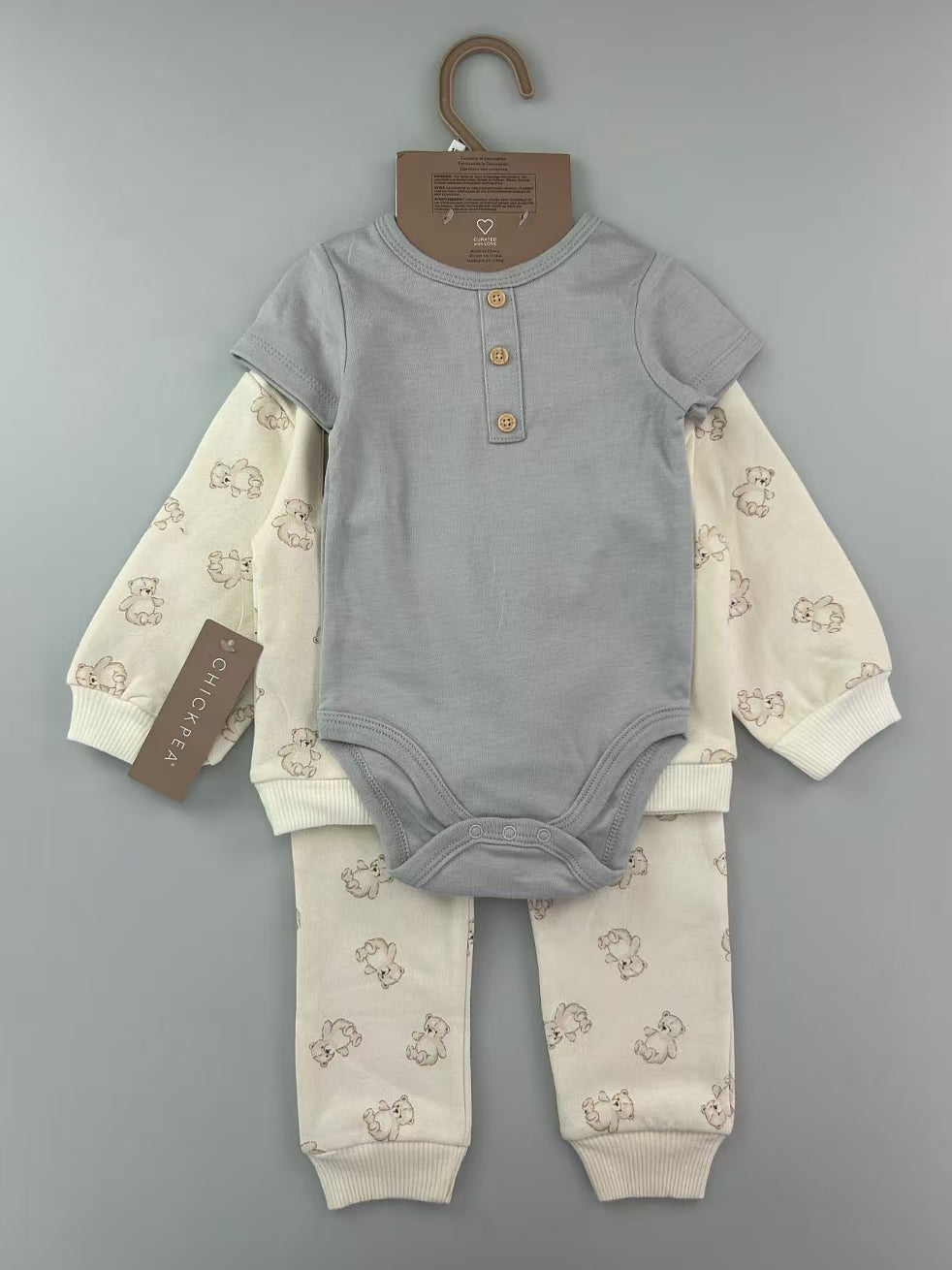 3-Piece Baby Bodysuit, Sweatshirt & Jogger Pants Outfit Set – Neutral Bear Print Unit Price &9.50| MOQ :12 each style
