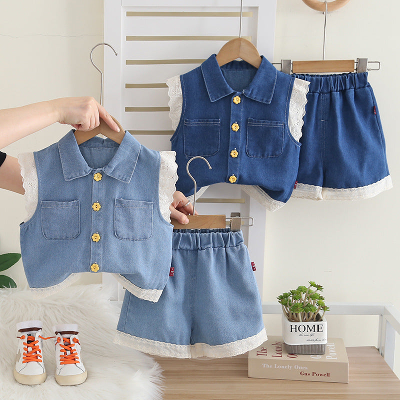 Baby Girl Denim 2-Piece Set – Lace Sleeve Vest & Shorts