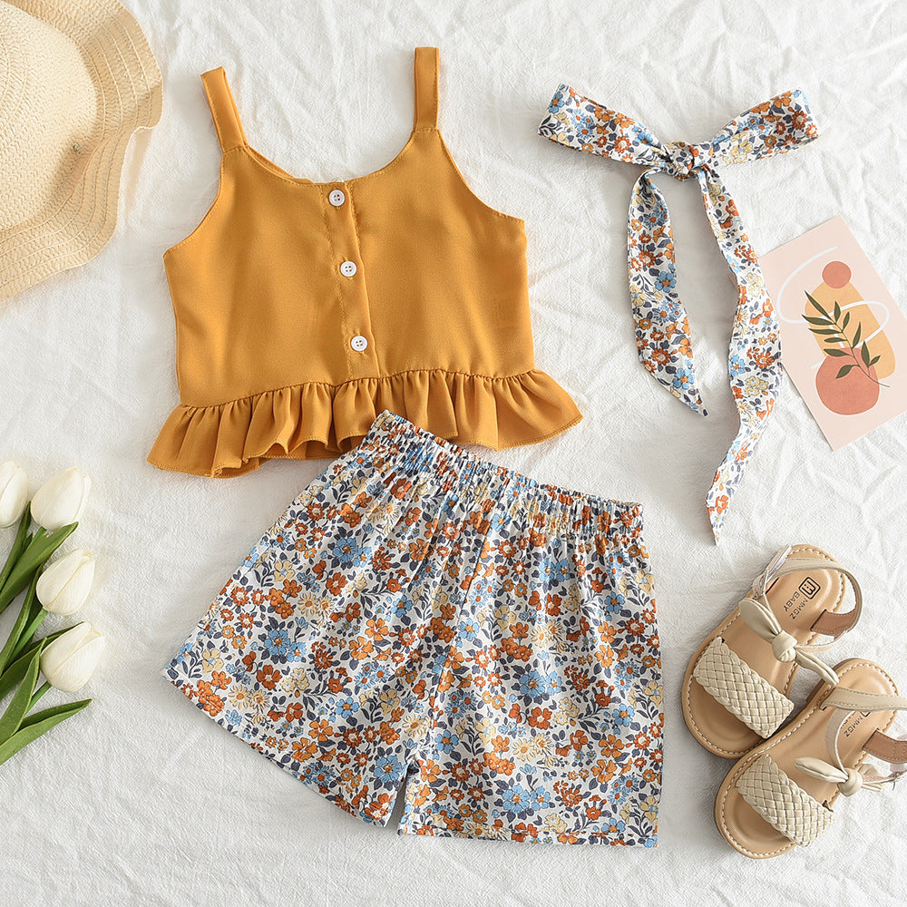 Girls' Yellow Strap Top & Floral Shorts Two-Piece Summer Set