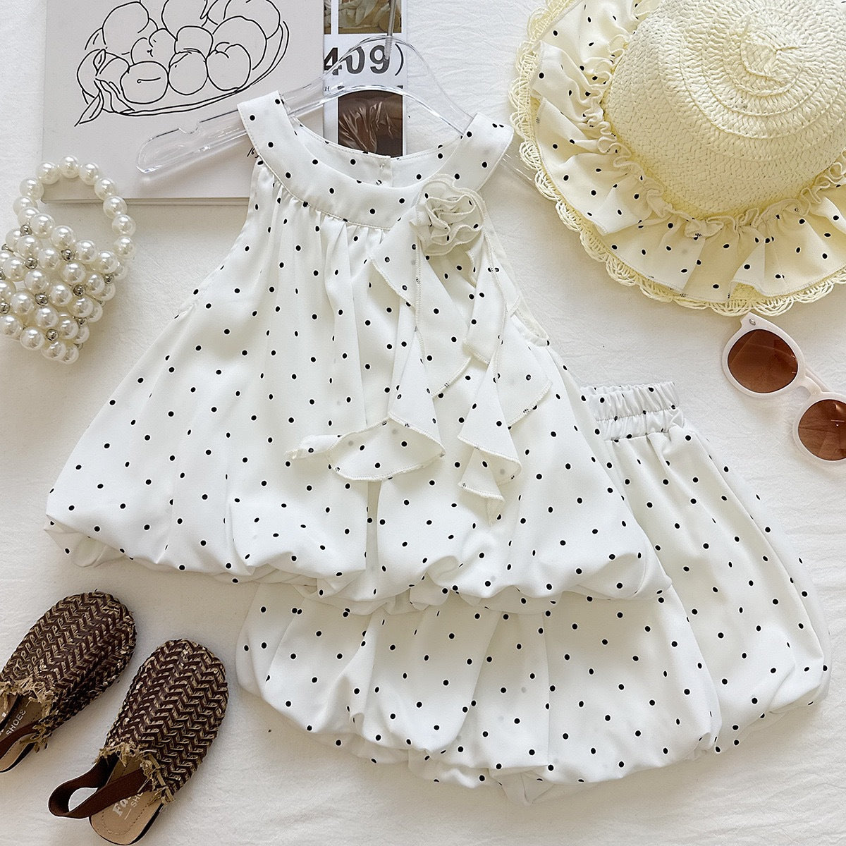 Summer Girls' Outfit Set Polka Dot Strapless Sleeveless Top and Shorts  Two-Piece Set Fashionable
