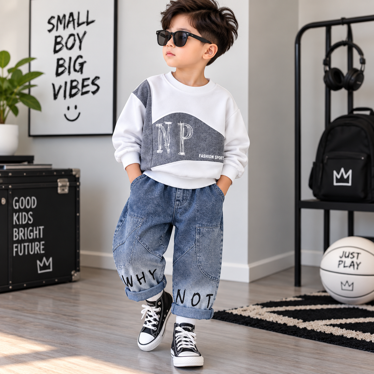 Boys’ Lifestyle “WHY NOT” 2-Piece Sweatshirt & Denim Pants Set. Set price $15 MOQ 24 per color .