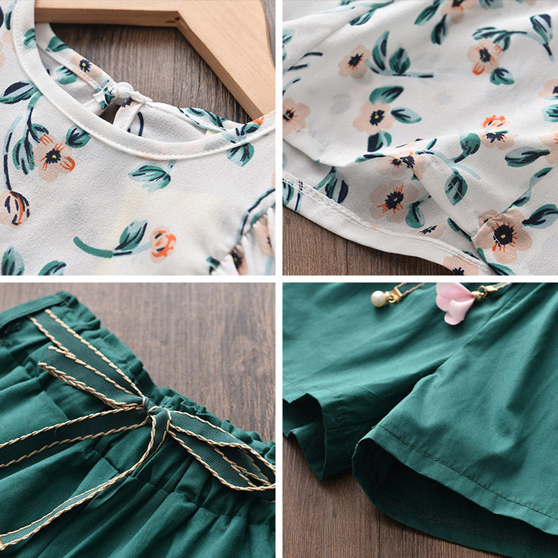 Girls' Small Floral Flutter Sleeve Top & Solid Shorts Two-Piece Set