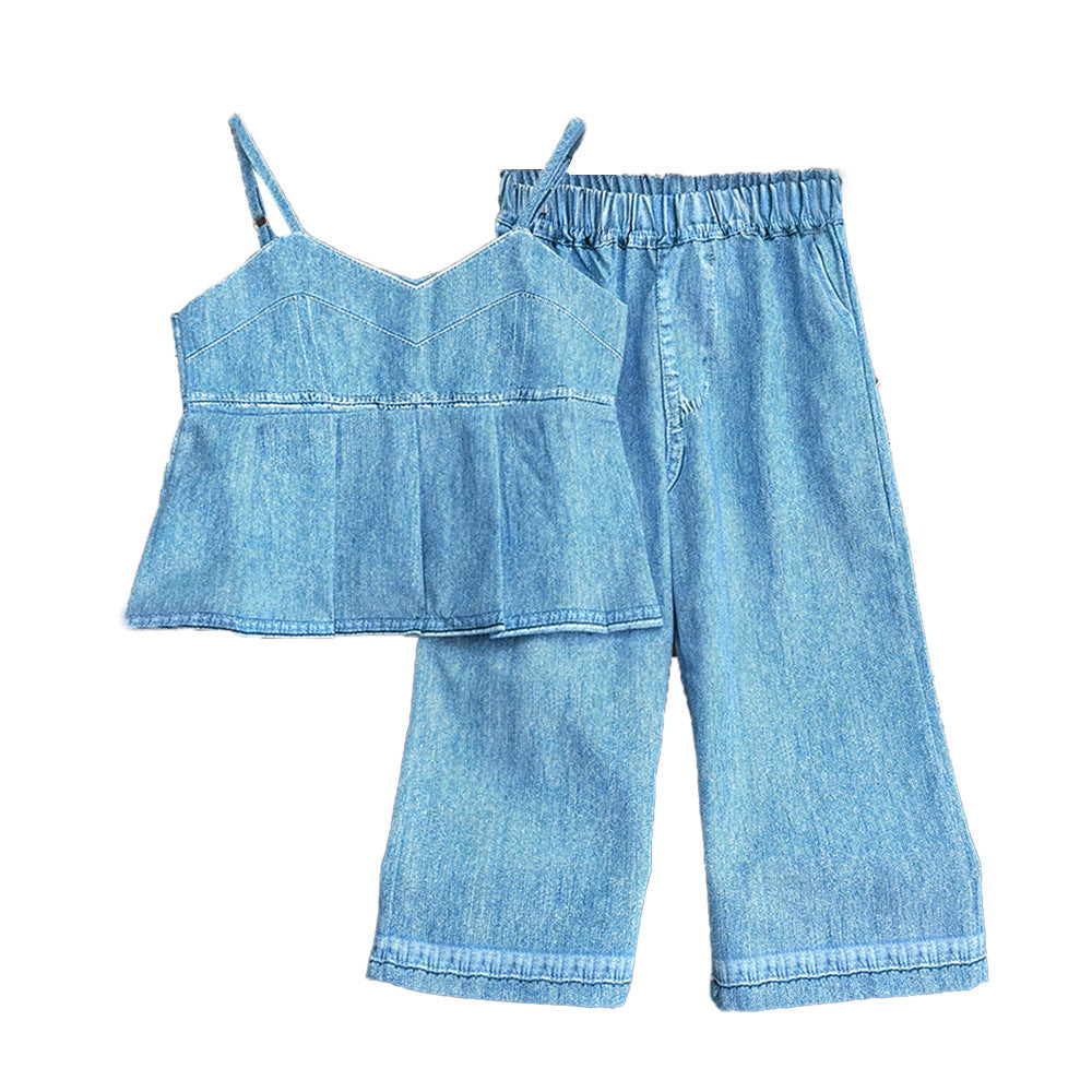 Girls' Blue Sleeveless Top & Pants Korean Style Two-Piece Set