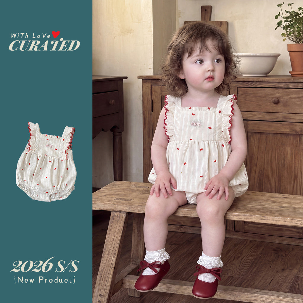Cotton Romper for Baby Girls, Sweet Ruffled Heart-Shaped Triangular Bodysuit, Baby Girl Onesie Summer