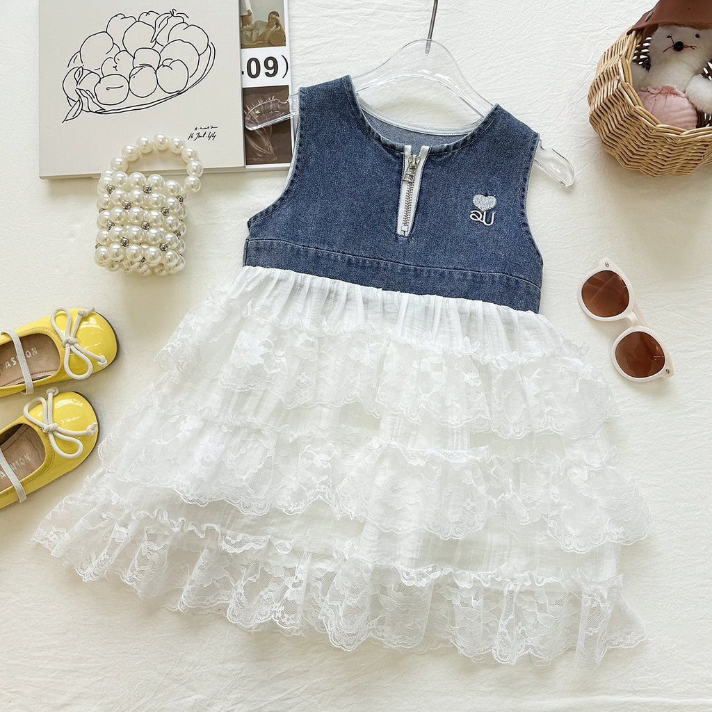 Cotton Blend Lace Sleeveless Dress for Girls, Summer Fashion Style, Princess Cake Skirt with Denim Patchwork Design