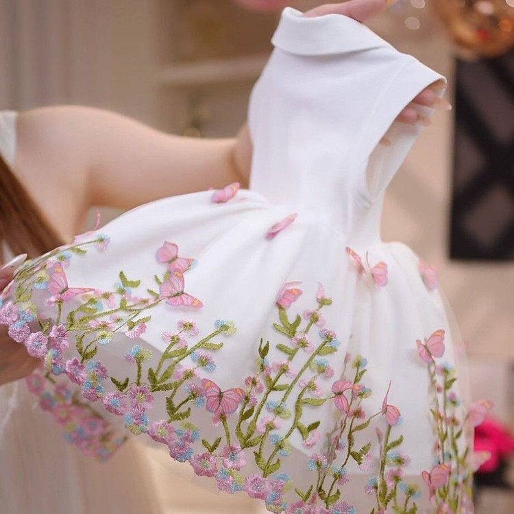 Charming Embroidered Floral Tulle Puff Dress for Girls, Princess Style Formal Dress