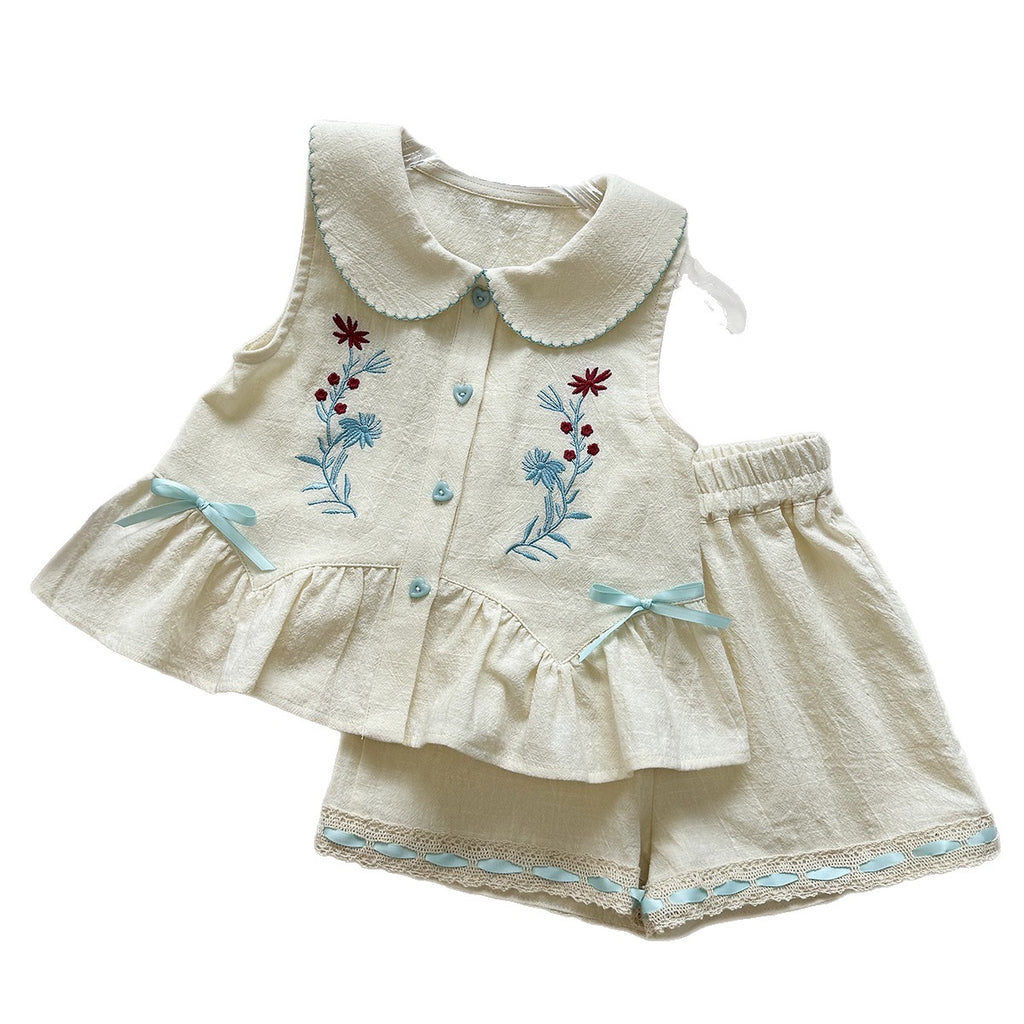 Summer Girls' Outfit Set Sweet Bow Embroidery Sleeveless Top and Shorts Two-Piece Set Foreign Trade